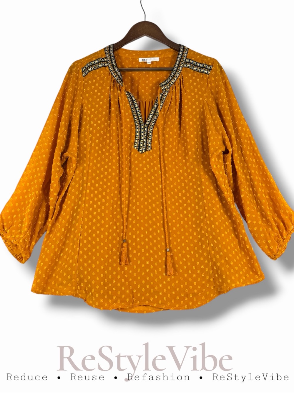 DR2 ANTHROPOLOGIE Women’s Size L Shirt Blouse Top Peasant Bohemian Style V-Neck